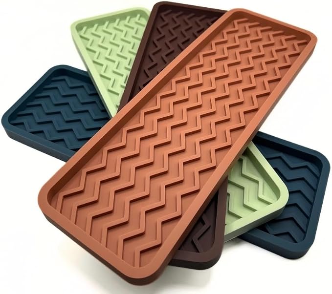 Silicone Sink Organizer Tray, Rectangular, Modern Style, Heat Safe, Dishwasher Safe, for Bathroom and Kitchen Organization (Dark Chocolate, 12"x4", Chevron Pattern)