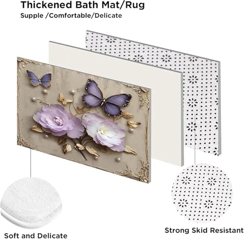 Chrainy 4pcs Vintage Butterfly Shower Cutain Set Bathroom Decor with Rugs