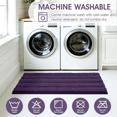 ACCUMTEK Striped Eggplant Purple Toilet Bathroom Rug Mat Set 2 piece Rug Ultra Soft, Non Slip Chenille Bath Rugs, Absorbent Plush Shaggy Bath Mats for Bathroom, Bedroom, Kitchen, Shower, Tub
