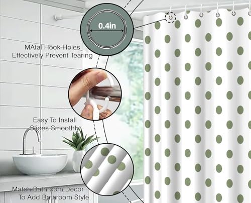 Polka Dot Shower Curtain Sage Green White Retro Spot Vintage Fabric Decorative Bathroom Curtains with Hooks,70" Wx75 H