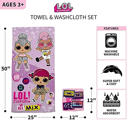 Franco LOL Surprise Kids Bath/Pool/Beach Soft Cotton Terry Towel with Washcloth 2 Piece Set, 50 in x 25 in
