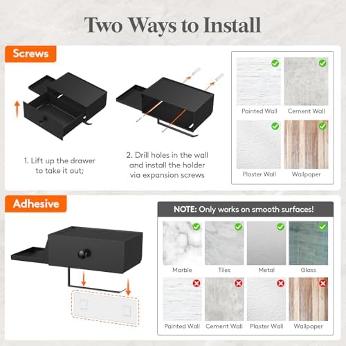 Lifewit Toilet Paper Holder Wall Mount with Shelf & Drawer, Black, 2 Pack