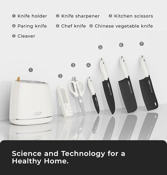 OOU Kitchen Knife Block Set - 15 Pieces High Carbon Stainless Steel Chef Knife Sets, Anti-Rust Black Knives Set with Sharpener,White
