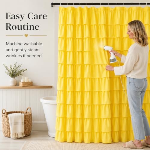 Yellow Shower Curtain for Bathroom, 72 x 84, Soft Ruffled Edge Detailing