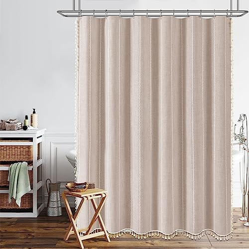 BTTN 72x84 Long Boho Farmhouse Linen Heavy Duty Shower Curtain, Tan/Taupe