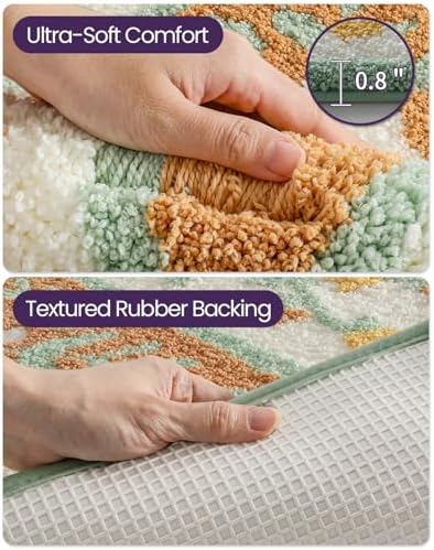 DEXI Boho Floral Bathroom Rug 43x24, Diamond Green Leaf Bath Mats Non Slip