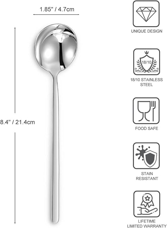 KEAWELL Premium Korean Soup Spoons with Long Handles, Set of 4, 18/10 Stainless Steel, Dishwasher Safe (Plain)