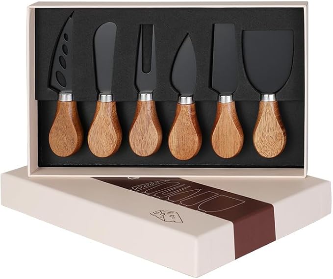 6 Piece Cheese Knives Set with Wooden Handle, Mini Steel Stainless Cheese knife set for Charcuterie and Cheese spread, Perfect for Cheese Slicer and Butter Cutter (Acacia-Black Box)