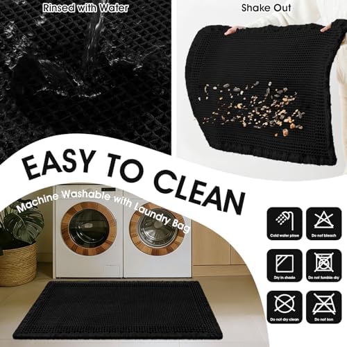 Upgraded Waffle Bath Mat Set 2 Piece Black-Bordered, Super Absorbent Non-Slip Quick Dry Bathroom Rugs with Tassels, Machine Washable Ultra Soft Boho Bath Rugs for Floor, Bath Mats Boho Farmhouse Decor