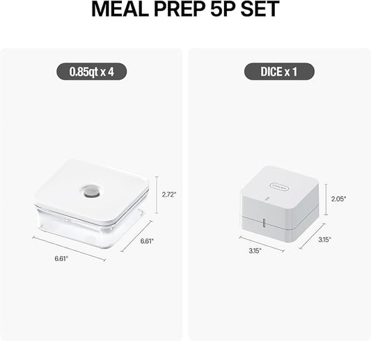 VAKUEN Premium Airtight Food Storage Container. Meal Prep 0.85qt 5pc/Set. 4pcs Container and Vacuum Sealer. Patented Double Silicone Lining, 100% Leak Proof, BPA-FREE