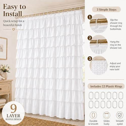 White Ruffle Shower Curtain for Bathroom,72 x 72 Inches, Farmhouse Style