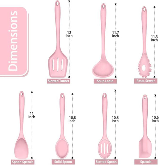 P&P CHEF Silicone Cooking Utensils Set of 7, Heat-proof Kitchen Utensils Set for Nonstick Cookware, Non-stick Spatula, Slotted Turner, Soup Ladle, Pasta Server, Spoon for Cooking Serving - Pink