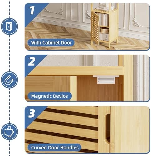 HITNET Bathroom Cabinet Freestanding, Small Bamboo Floor Cabinet, 4 Tier Single Door Sofa Side Table Storage Organizer, Space Saving Kitchen Cupboard, Natural