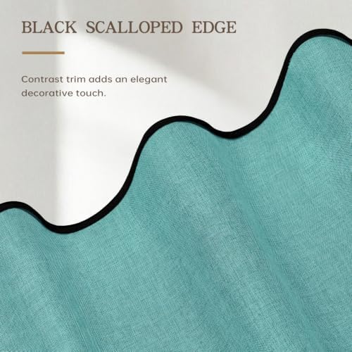 Furlinic No Hook Scalloped Shower Curtain Boho Teal Waterproof Linen 55x78