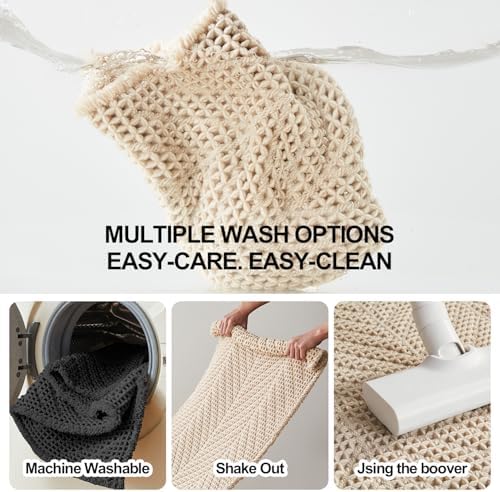 Sunfly Waffle Runner Rug Bathroom, Boho Bath Mat Super Absorbent & Quick Dry, Non-Slip Washable with Tassels, Ultra Soft Farmhouse Long Bathroom Rug 24"x60" Beige