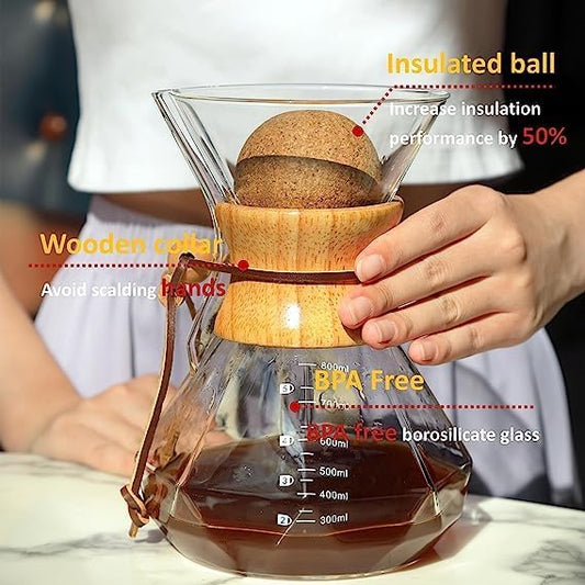 Pour Over Coffee Maker With Wood Sleeve,27oz/800mlPour Over Coffee Dripper,Pour Over Coffee Maker Set With Cork Stopper (27oz/800ml)