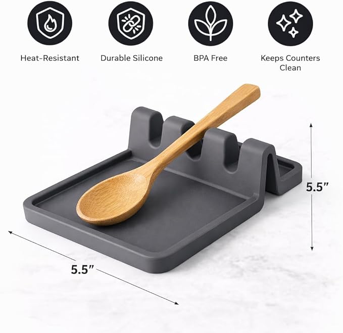 Silicone Spoon Rest for Stove – Heat Resistant, Non-Slip, Dishwasher Safe Utensil Holder with Drip Pad (Dark Gray)