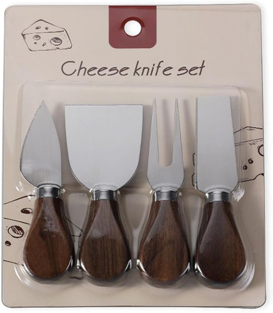 Linwnil 4-Piece Set of Stainless Steel Cheese Knives with Wood Hand, Including Cheese Slicer and Cheese Cutters, Essential Cheese Tools for the Kitchen (Walnut handle, Silver)