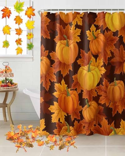 Shower Curtain Bathroom Set Thanksgiving Pumpkin Fall Orange Maple Leaf Waterproof Shower Curtains with Grommets Hooks Autumn Watercolor Leaves Privacy Bath Curtain for Bathtub Decor 36x72in