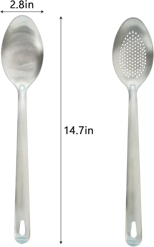 Cooking Spoon Set, 2Pcs 14.7" Stainless Steel Large Serving Spoons, Solid & Slotted Spoons for Restaurant, Metal Kitchen Utensils