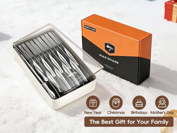 MAD SHARK Knife Sets, 11 Pieces Kitchen Knife Set with Block, High Carbon Stainless Steel Knives with Sharpener Rod, Non Slip Ergonomic Handle, Quality Drawer Organizer, Gift Box Packaging