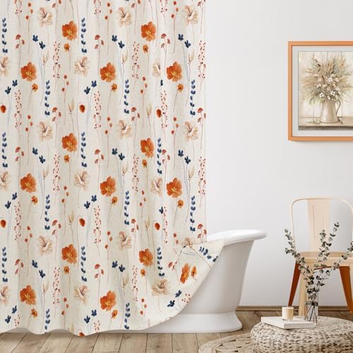 Gibelle Orange Navy Linen Watercolor Floral Fabric Shower Curtain, 72x72