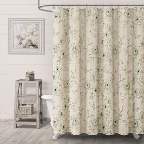 Farmhouse Floral Vintage Shower Curtain for Bathroom, Green Embroidered