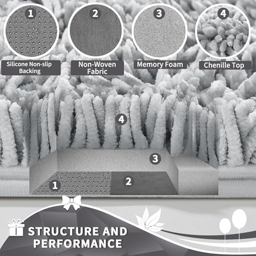 Yimobra Toilet Rugs U Shaped Washable, Extra Thick Soft Absorbent Chenille Contour Bathroom Rugs for Toilet 24x20 Inch, Quick Dry Non Slip Toilet Mat for Bath Floor, Light Grey