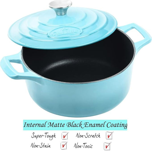 La Cuisine Enameled Cast Iron Dutch Oven Casserole Dish Pot with Lid, 2.1 QT 7.8" /20cm Dia. Internal Matt Black Enamel Coating, 2-tone Teal Enamel Exterior, Oven Safe up to 500° F for bread baking