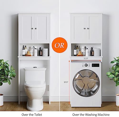 Over the Toilet Storage Cabinet, Bathroom Storage Organizer Over Toilet, Space Saver W/Adjustable Shelf & Open Shelf, White