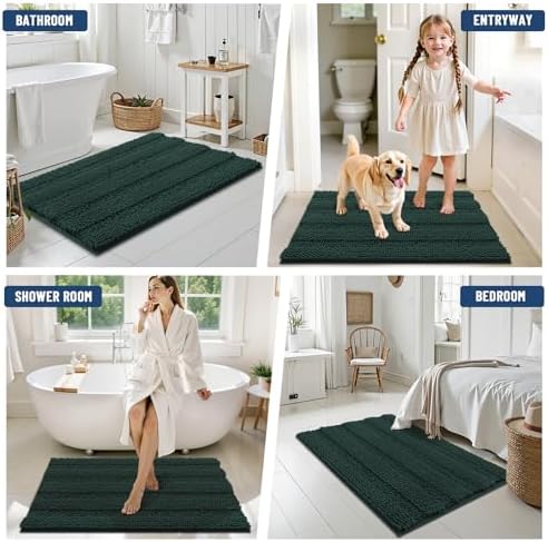 Grandaily Chenille Striped Bathroom Rugs 24x16, Extra Thick and Absorbent Bath Mats, Non-Slip Soft Plush Shaggy Shower Carpet, Machine Wash Dry, Bath Rug for Bathroom, (Small, Dark Green)