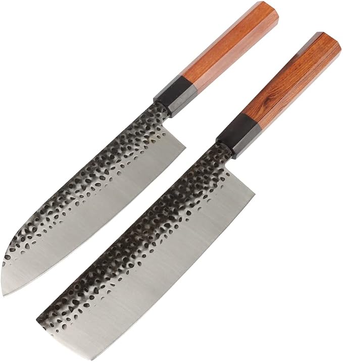 MASALONG 8 inch Hammered Chef Knife Set Kni240 8Cr18Mov Extremely Sharp Cooking Knife (7 inch Santoku knife)