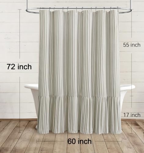 Farmhouse Shower Curtain Ruffle Linen Cream-Green Stripe 60"W x 72"L