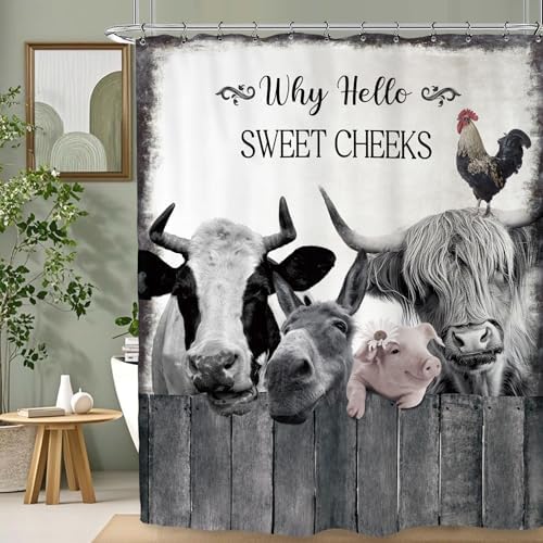 Farmhouse Animal Farm Funny Shower Curtain 60Wx72L Inch Bull Cow Pig Donkey Rustic Country Bathroom Set Accessories Decor Polyester Waterproof with 12 Pack Hooks