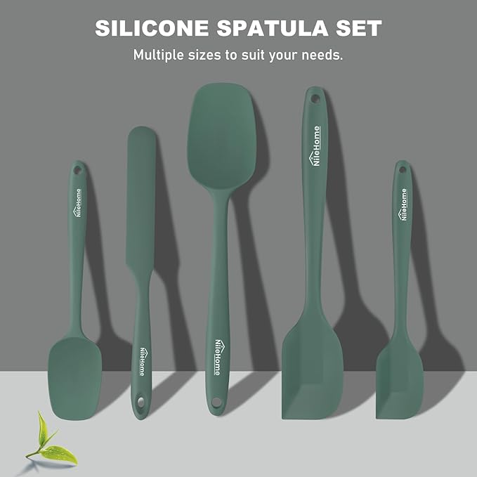 NileHome Silicone Spatula Set, 5 Pieces Food Grade Kitchen Utensils with Silicone Brush Heat Resistant Up to 600°F BPA-free Rubber Spatula for Scraping, Baking, Cooking, Mixing—Green