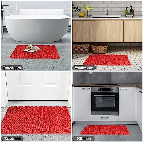 Yeaban Chenille Red Bathroom Rug 26"x44", Non-Slip Rubber Backing