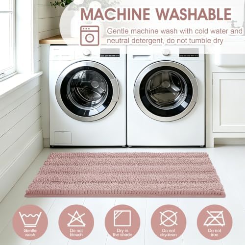 Striped Dusty Pink Bathroom Rug Set 3 Pieces Ultra Soft, Non Slip Chenille Bath Carpet, Absorbent Plush Shaggy Bath Mats for Bathroom, Toilet, Bedroom, Kitchen
