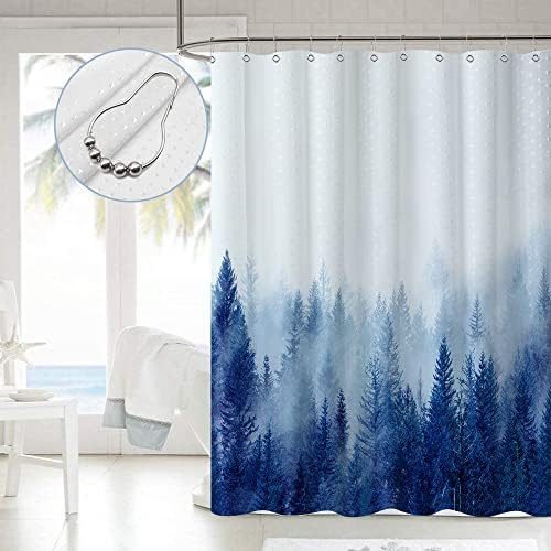 ORTIGIA Blue Misty Forest Shower Curtain Set,Nature Mountain Shower Curtain with Hooks,Fantasy Fog Tree Bath Curtain for Bathroom,Waterproof Polyester Fabric-70 Wx72 L