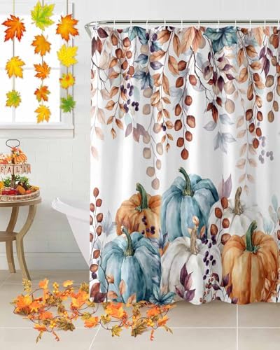 Shower Curtain Bathroom Set Fall Thanksgiving Pumpkin Orange Eucalyptus Leaf Waterproof Shower Curtains with Grommets Hooks Autumn Fallen Leaves Privacy Bath Curtain for Bathtub Decor 48x72in