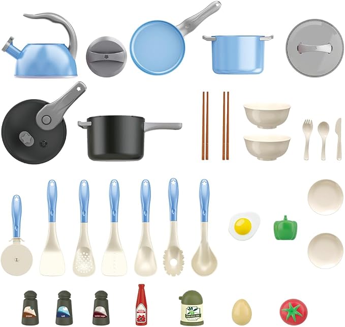Bruvoalon 32Pcs Kids Play Kitchen Toys Set, Toddlers Pretend Cooking Playset Acccessories with Pots Pans, Utensils Cookware, Foods, Canned Veges, Learning Gift for Kids Girls Boys (Blue)