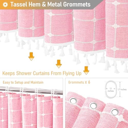BTTN Stall Boho Farmhouse Linen Heavy Duty Shower Curtain Set, 36x72, Pink
