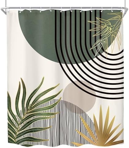 Mid Century Dark Green Boho Abstract Modern Bathroom Shower Curtain Set