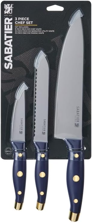 Sabatier 3-Piece Chef Set - 8" Chef Knife, 5.5" Serrated Utility Knife, 3.5" Paring Knife, Protective Blade Tip - Kitchen Cooking Essentials with High-Carbon Stainless Steel Blades & Durable Handle