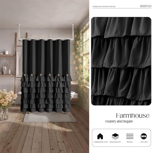 Ruffle Farmhouse Shower Curtain, Black Vintage Shower Curtains for Bathroom Fabric Cute Rustic Cloth, 72" W X 84" L Inch