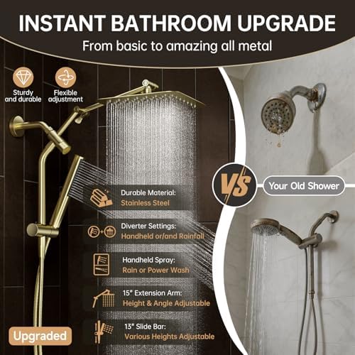 Veken All Metal 10" Luxurious Brushed Gold Rain Shower Head with Handheld