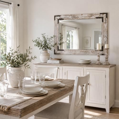 Distressed White 30x40 Inch Wood Bathroom Vanity Mirror, Rivets