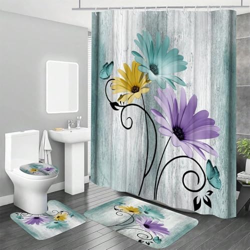 Onalasyc 4PCS Blue Green Daisy Bathroom Sets with Shower Curtain and Rugs