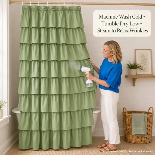 Green Ruffle Shower Curtain for Bathroom, 36x72 inch, 1 Panel, 6ft