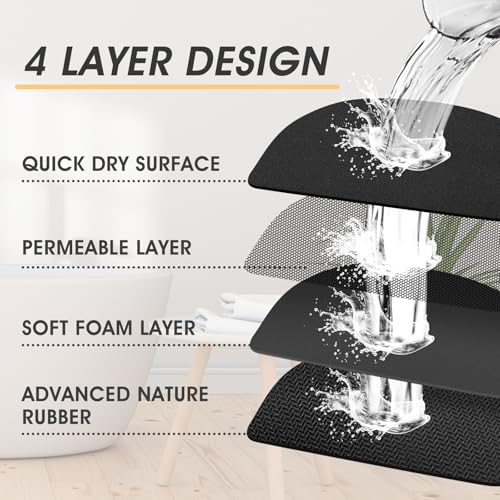 ACCUMTEK Non Slip Bath Mat, Thin Bathroom Rugs Fit Under Door, Quick Dry Bath Mats, Machine Washable Bath Rugs for Bathroom, Bathtub & Kitchen, Black/Solid/24 x17+48"x20"