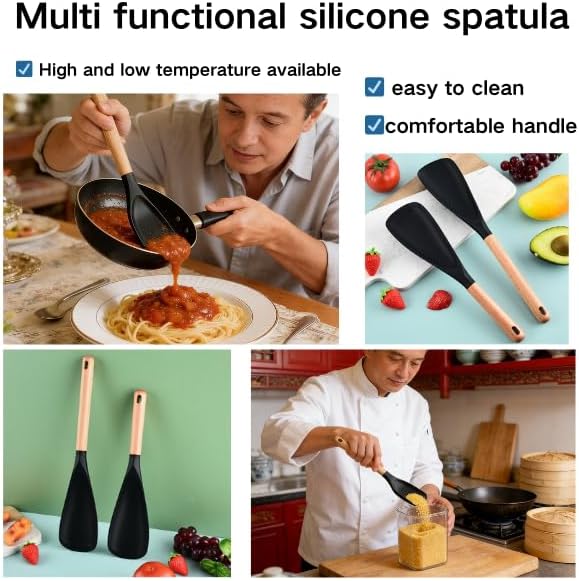 Cedar and Ash Spoon, Multifunction Spatula Cooking Spoon with Wooden Handle,3 in 1 Spatula Spoons Heat-Resistant Silicone, for Makes Stirring, Scooping